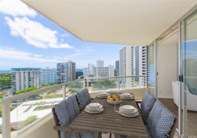 Virtually staged lanai with city backdrop