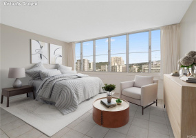 Virtually Staged.  Spacious, bright, and breezy on the cool side of the building with beautiful mountain and city views.