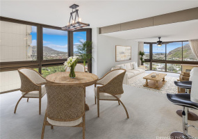 Enhanced. Virtually staged main living space with mountain, marina and ocean views.